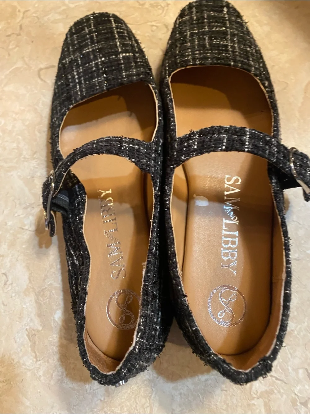 Sam & Libby Black Tweed Mary Jane Flats with Silver Accent